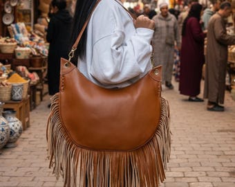Leather Fringe Bag, Boho Cowhide Hobo Tote, Handmade Western Shoulder Purse, Authentic Moroccan Craft