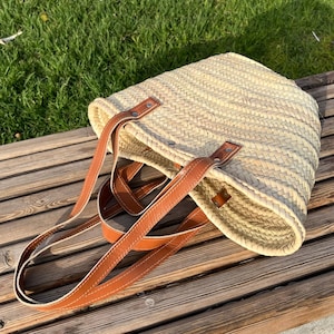 Handmade Moroccan Straw Tote Bag: Leather Handles, Boho Market Basket | Summer Beach Purse