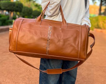 Leather duffel bag, handmade studded weekender, travel overnight bag, men's women's carry-on