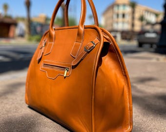 Full grain leather duffel bag, large travel satchel, cognac weekend overnight, stylish daily use