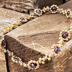 Purple Crystal Bracelet, Gold Beaded Bracelet, Glass Beaded Bracelet, Adjustable Bracelet, Glass Jewelry, Elvish Jewelry, Fantasy Bracelet
