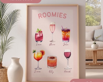 Custom Cocktail Wall Art, Personalized Roomies name Print, Bar Cart wall art, Drink print, Cocktail poster, Roommate Gift, Dorm decor canvas