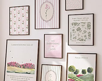 Coquette Christian Wall Art Set - 9 Printable Bible Verse Prints, Sage Green Scripture Decor, Pink girly Bible verses, Nursery Gallery wall