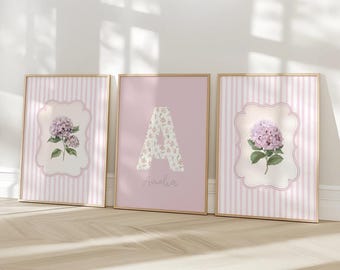 Custom Nursery Initial Wall Art Set | Personalized Baby Name Print | Hydrangea Floral Coquette Decor | Digital Download I Pink Initial print