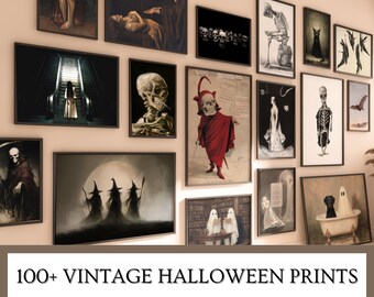 May include: A collection of framed vintage Halloween prints, featuring various spooky illustrations. The prints include images of skeletons, witches, ghosts, and other eerie figures. Text on the bottom reads "100+ Vintage Halloween Prints" and "Lifetime Access | Instant download."