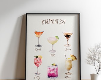 Aangepaste cocktail afdrukbare kunst, gepersonaliseerde roomies naam afdrukken, barwagen kunst aan de muur, drankje print, cocktail poster, kamergenoot cadeau, slaapzaal decor
