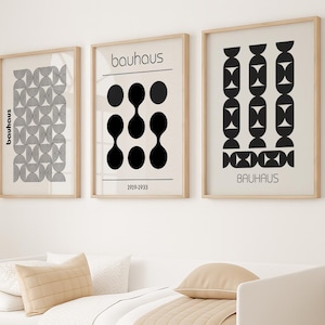 Bauhaus Wall Art Set of 3 – Minimalist Geometric Prints, Black and White Modern Art, Mid Century Abstract Poster Set, Framed canvas or print
