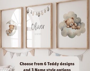 Personalized Nursery Wall Art Set of 3, Custom Name with birth date Print, Baby Boy Teddy Bear wall art, Gender Neutral Kids Wall Art Prints