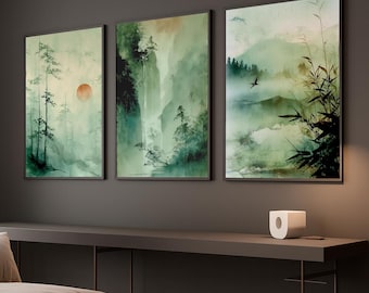 Conjunto japonés vintage de 3 impresiones, impresiones de paisajes zen, arte mural Japandi, Wabi Sabi, arte mural verde oscuro, lienzo de acuarela o bellas artes.