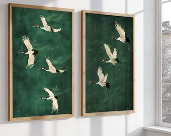 Japanischer Kranich, Wandkunstdruck, 2er-Set Japandi Minimalistische Vogeldrucke, smaragdgrüner Kranich, Chinoiserie-Dekor, fliegende Kranichgrafik