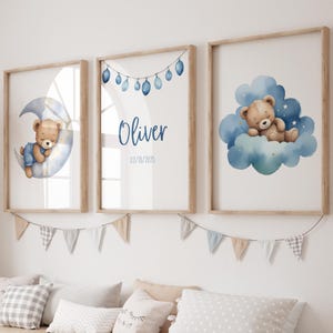 Personalized Baby Boy Nursery Wall Art Set of 3, Custom Name with birth date Print, Teddy Bear wall art, Blue Teddy Bear Moon & Cloud Print