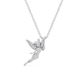 Tinker Bell Diamond Necklace, Sterling Silver Fairy Pendant, Enchanted Disney Pendant