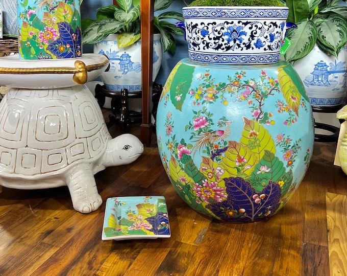 Aqua Tobacco Leaf Porcelain Garden Stool - Etsy