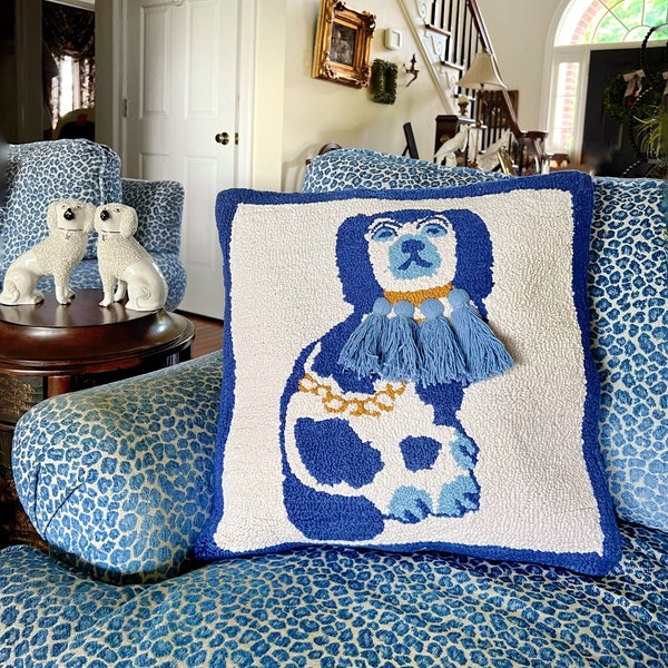 Staffordshire Dog Pillow in Blue and White