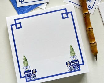 Chunky Chinoiserie Topiary Staffordshire Spaniel Blue and White Notepad