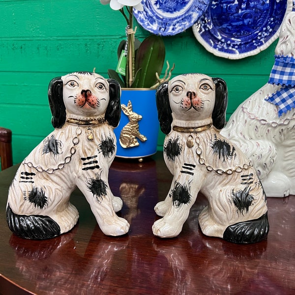 Hand Painted Dolomite Vintage Reproduction Staffordshire Dog Set