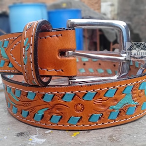 Western Belt Full Grain Leather Hand Tooled Western Belt Cowboy Rodeo Beaded Removable Buckle Free Shipping