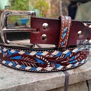 Full Grain Leather Hand Tooled Western Belt Cowboy Rodeo Beaded Removable Buckle Free Shipping