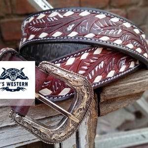 Western Belt Full Grain Leather Hand Tooled Western Belt Cowboy Rodeo Beaded Removable Buckle Free Shipping