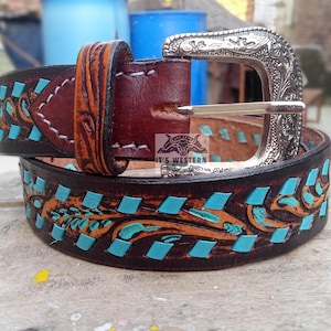 Full Grain Leather Hand Tooled Western Belt Cowboy Rodeo Beaded Removable Buckle Free Shipping