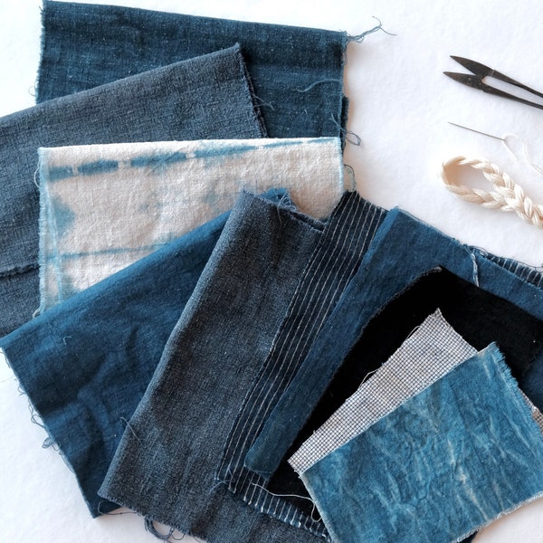 Vintage boro fabric bundle antique handwoven indigo fabric set shibori fabric patchwork scrap set visible mending DIY gift fabric patch set