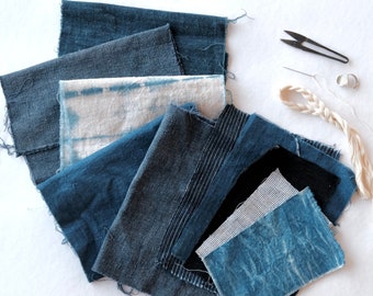 Vintage boro fabric bundle antique handwoven indigo fabric set shibori fabric patchwork scrap set visible mending DIY gift fabric patch set