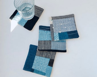 Boro Sashiko coasters antique indigo fabric Japanese patchwork natural dye hand patched embroidered handmade cool gift for coffee tea lover