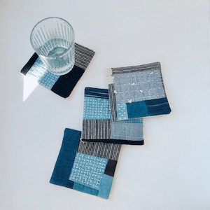 Boro Sashiko coasters antique indigo fabric Japanese patchwork natural dye hand patched embroidered handmade cool gift for coffee tea lover