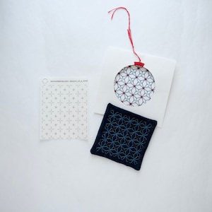Sashiko Kugurizashi Pattern Stick and Stitch Transfer using on hand stitched fabric coaster and Christmas greeting card.