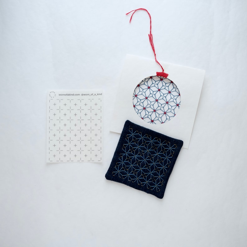 Sashiko Kugurizashi Pattern Stick and Stitch Transfer using on hand stitched fabric coaster and Christmas greeting card.