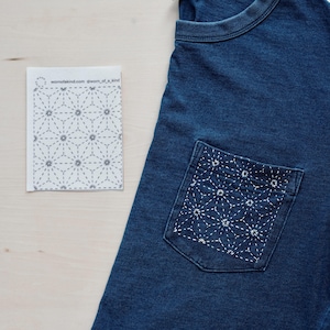 May include: A dark blue t-shirt with a pocket featuring white embroidered geometric patterns. A small card with a similar design and the text "wornofakind.com @worn_of_kind" is next to the shirt. The shirt is made of a soft material.