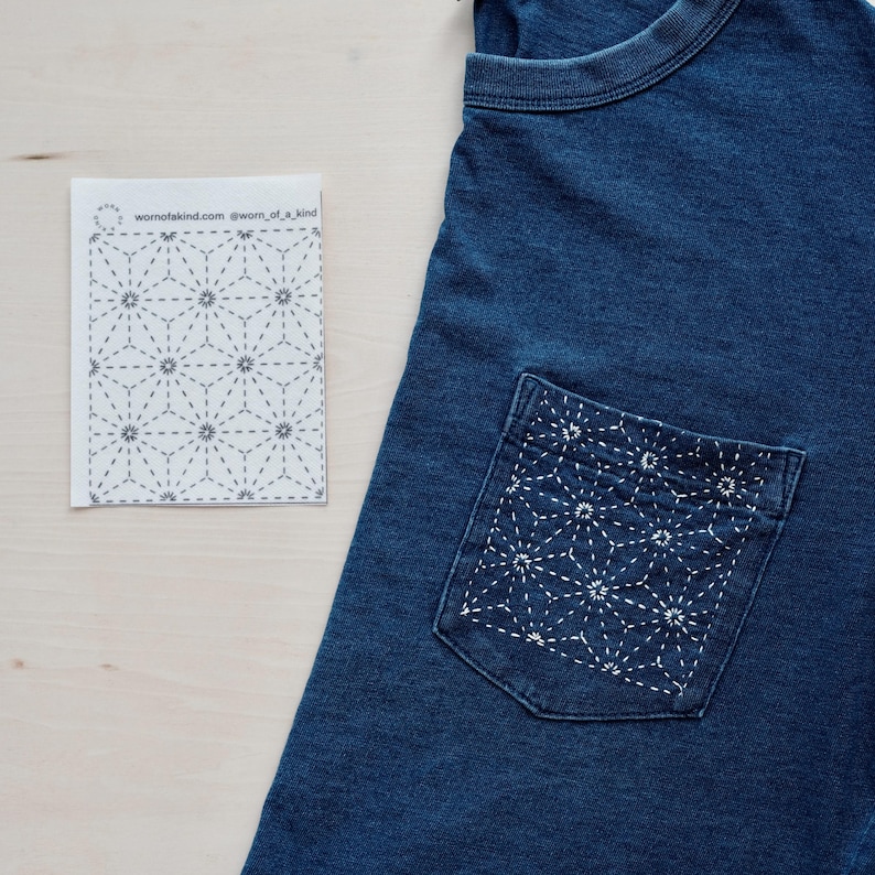 May include: A dark blue t-shirt with a pocket featuring white embroidered geometric patterns. A small card with a similar design and the text "wornofakind.com @worn_of_kind" is next to the shirt. The shirt is made of a soft material.