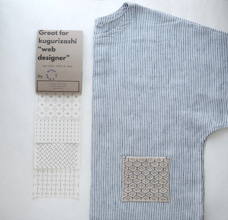 Set of 4 Sashiko Kugurizashi Pattern Stick and Stitch Transfers with sample application on hand stitched pocket