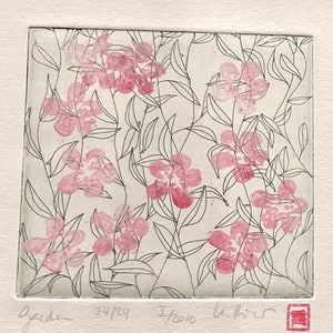 May include: A pink and white floral print art print with the quote "Nature is imagination itself" by William Blake. The print is signed and dated 2010.