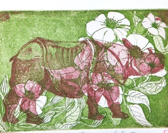 Rhinohippie - Rhinoceros & Flowers - Original Etching