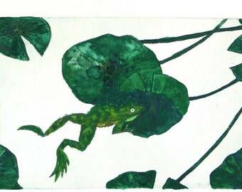 Frog and Water Lily Leaves - Original Etching