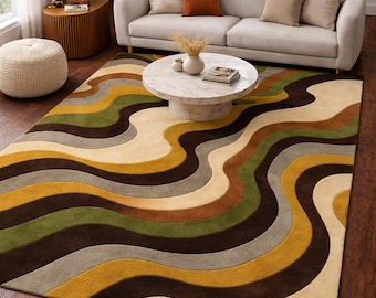 Contemporary Tufted Wool Rug – Retro Wavy Lines Design, Multicolor Earthy Palette