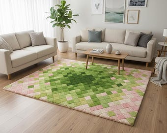 Handgemaakt wollen vloerkleed | Groenbeige abstracte, moderne inrichting