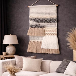Handwoven Boho Wall Hanging | Neutral Fiber Art with Fringe