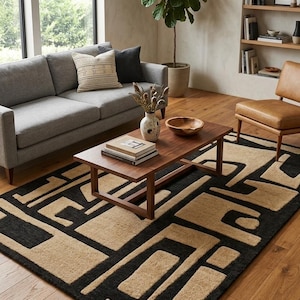 May include: A modern living room featuring a gray sofa with decorative pillows, a wooden coffee table, and a geometric patterned rug in black and beige. A large plant and a leather chair complete the space.