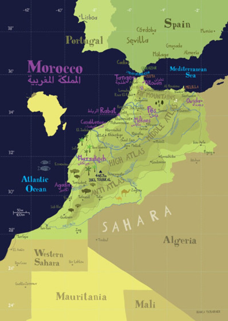 Illustrated Map of Morocco A3 / 11.69 x 16.54 Fine Art Etsy