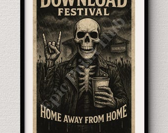 Download Festival Poster Skeleton Art Print – Gothic Rock Skeleton Illustration, Festival Wall Art, Heavy Metal Home Decor