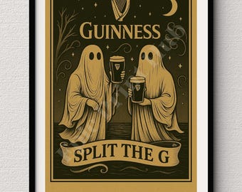 Guinness Ghost Art Print – Split the G Halloween Wall Art, Gothic Irish Pub Decor, Vintage Beer Poster, Funny Bar Print for Beer Lovers