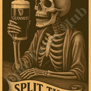 K&ouml;nnte beinhalten: Sepiafarbene Illustration eines Skeletts, das ein Guinness-Bier h&auml;lt. Das Skelett sitzt an einer Bar mit einem Banner "SPLIT THE G". Das Guinness-Logo ist deutlich sichtbar.