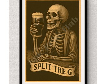 Split The G Guinness Skeleton Print – Gothic Beer Art for Pub Lovers & Guinness Fans