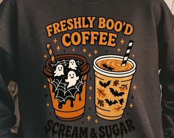 Freshly Boo’d Coffee PNG, Halloween Ghost Coffee Cup Sublimation, Funny Fall Shirt Design, Scream & Sugar, Spooky Season Digital Download