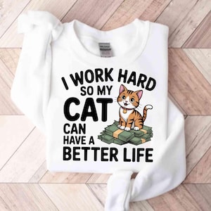 Jag arbetar hårt så att min katt kan få ett bättre liv PNG, rolig kattälskare sublimering, söt kattunge pengar stapel grafik för muggar, skjortor, hantverk PNG