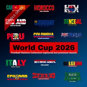 Op de afbeelding: Een afbeelding met tekstontwerpen voor het Wereldkampioenschap 2026, met vlaggen en teamnamen. Inclusief vlaggen voor Kameroen, Engeland, Marokko, Zuid-Korea, Uruguay, Senegal, Peru, Colombia, Australië, Italië, Nederland, België, Ecuador, Zwitserland en Saoedi-Arabië.