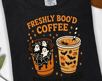 Freshly Boo’d Coffee PNG, Spooky Halloween Coffee Lover Design, Retro Checkered Fall Humor PNG, Cute Caffeinated Halloween Sublimation