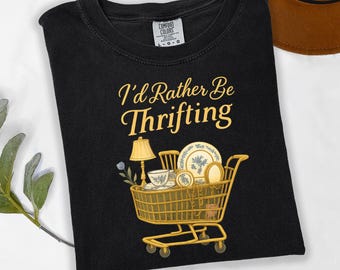 I’d Rather Be Thrifting PNG, Retro Thrift Aesthetic Shirt Design, Blue & Gold Vintage Decor Cart Graphic, Cozy Boutique Style Shirt Design